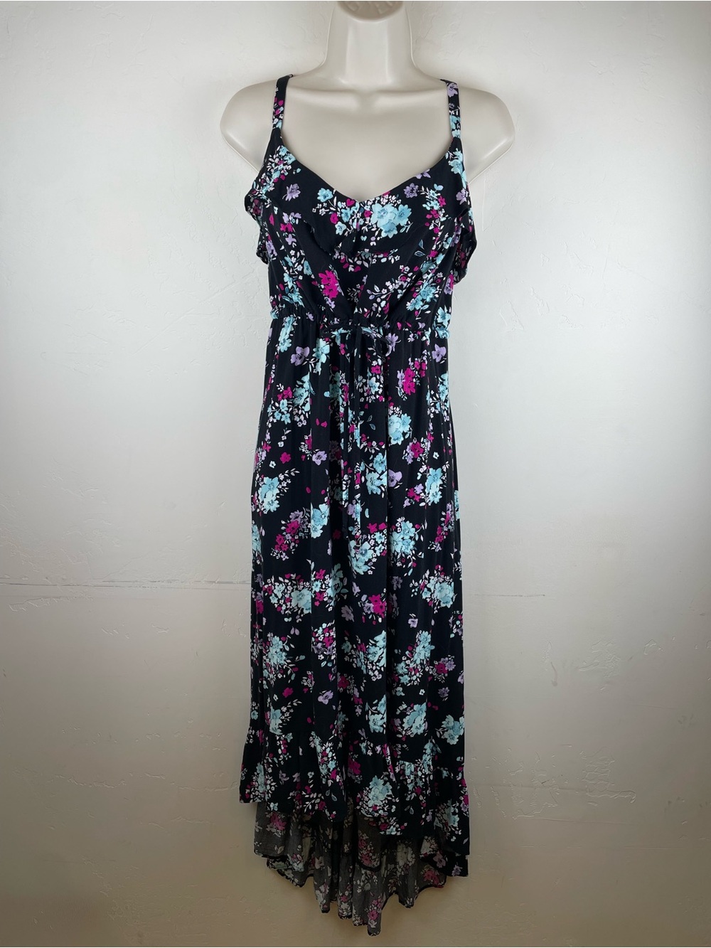 Torrid Floral Spaghetti Strap Maxi Dress in Black with Blue & Pink Blossoms
